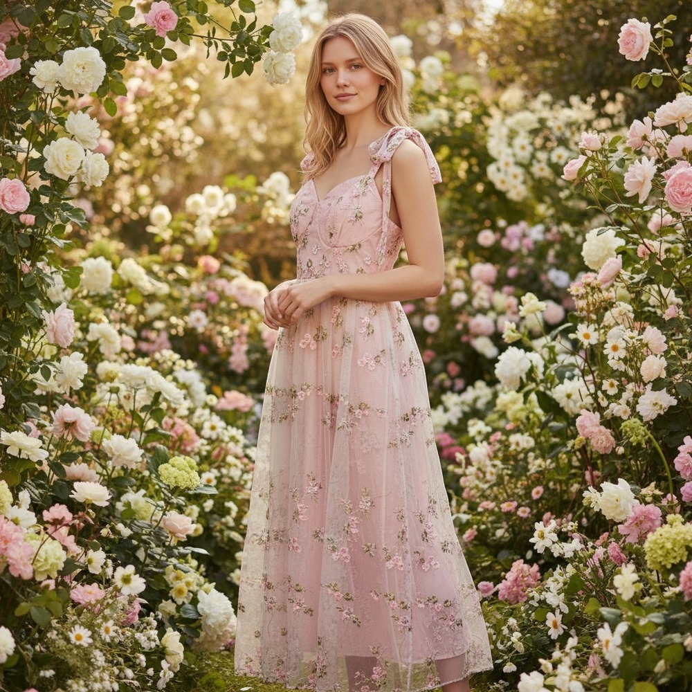 SHEIN Curve Floral Embroidered Mesh Tie Strap Midi Dress Pink 1XL